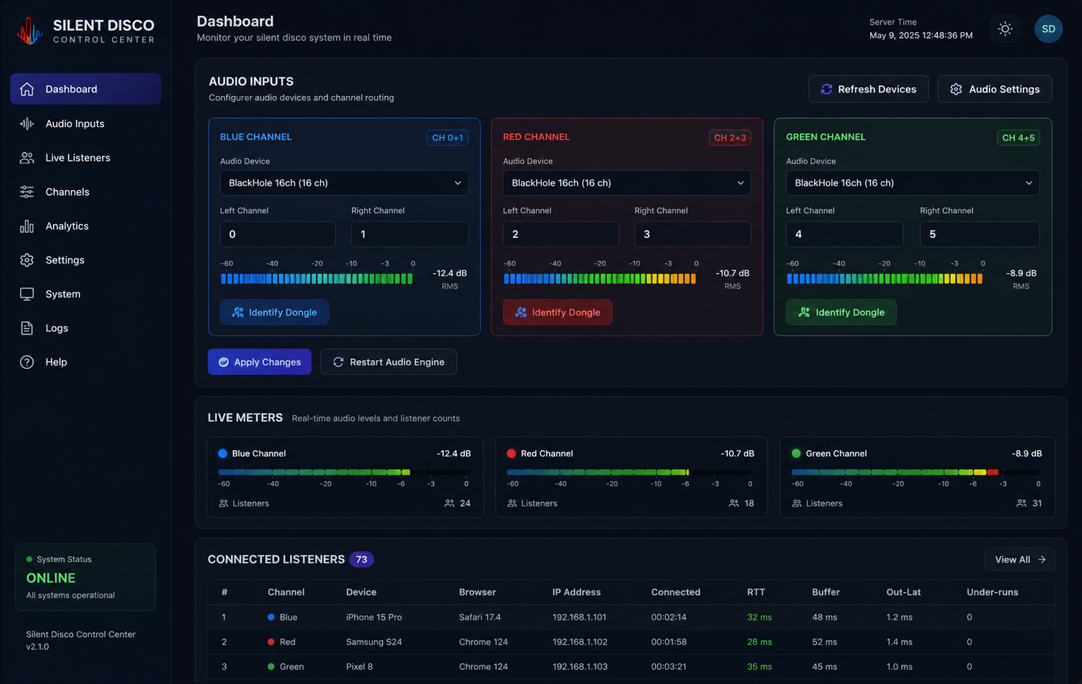 Silent Disco WiFi admin dashboard