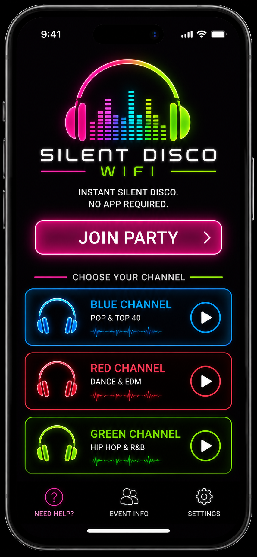 Silent Disco WiFi app — channel selector